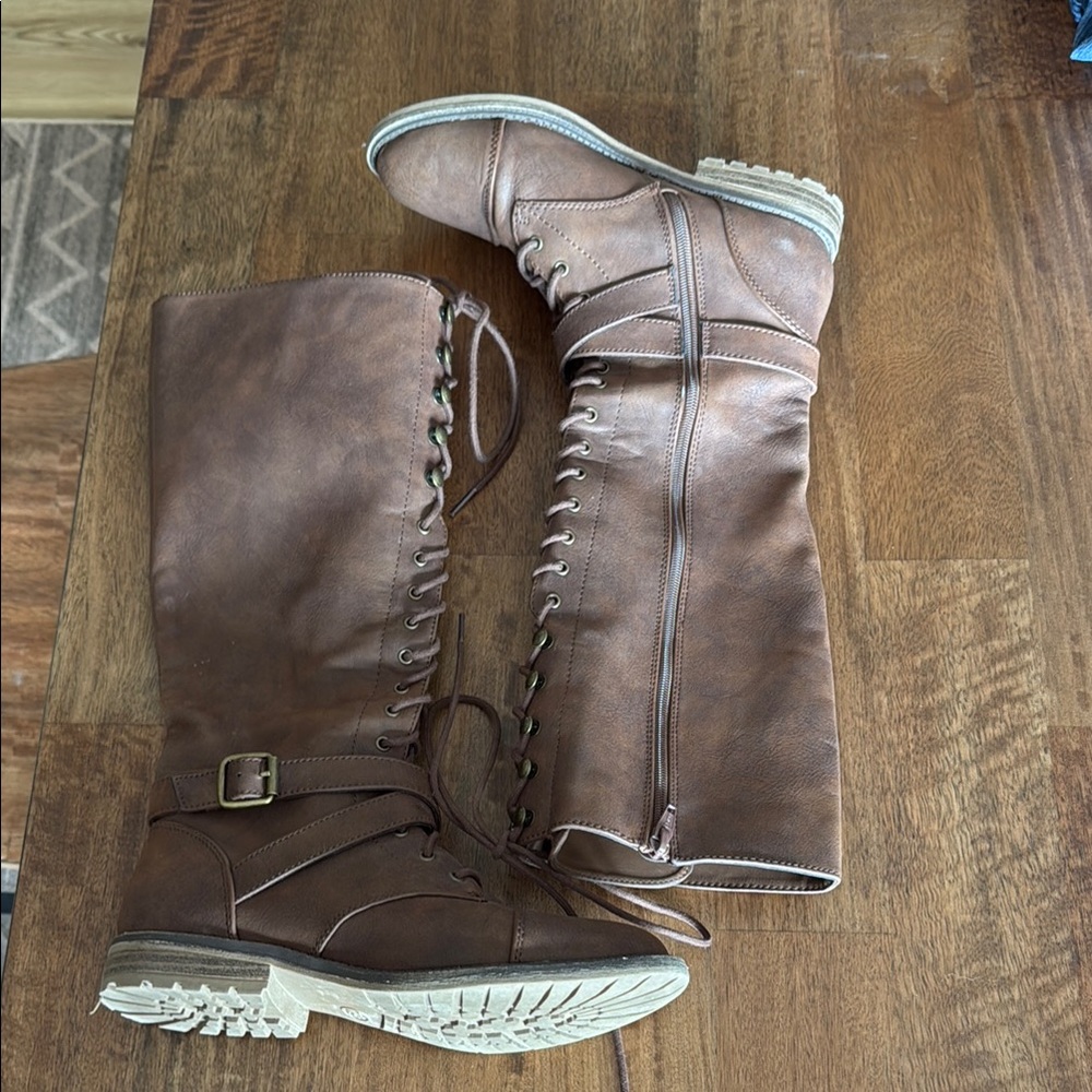Brown Lace-Up Knee-High Boots